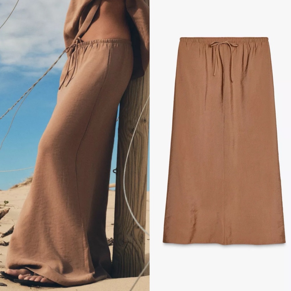 Zara NWT tan brown drawstring waist maxi flowy skirt
